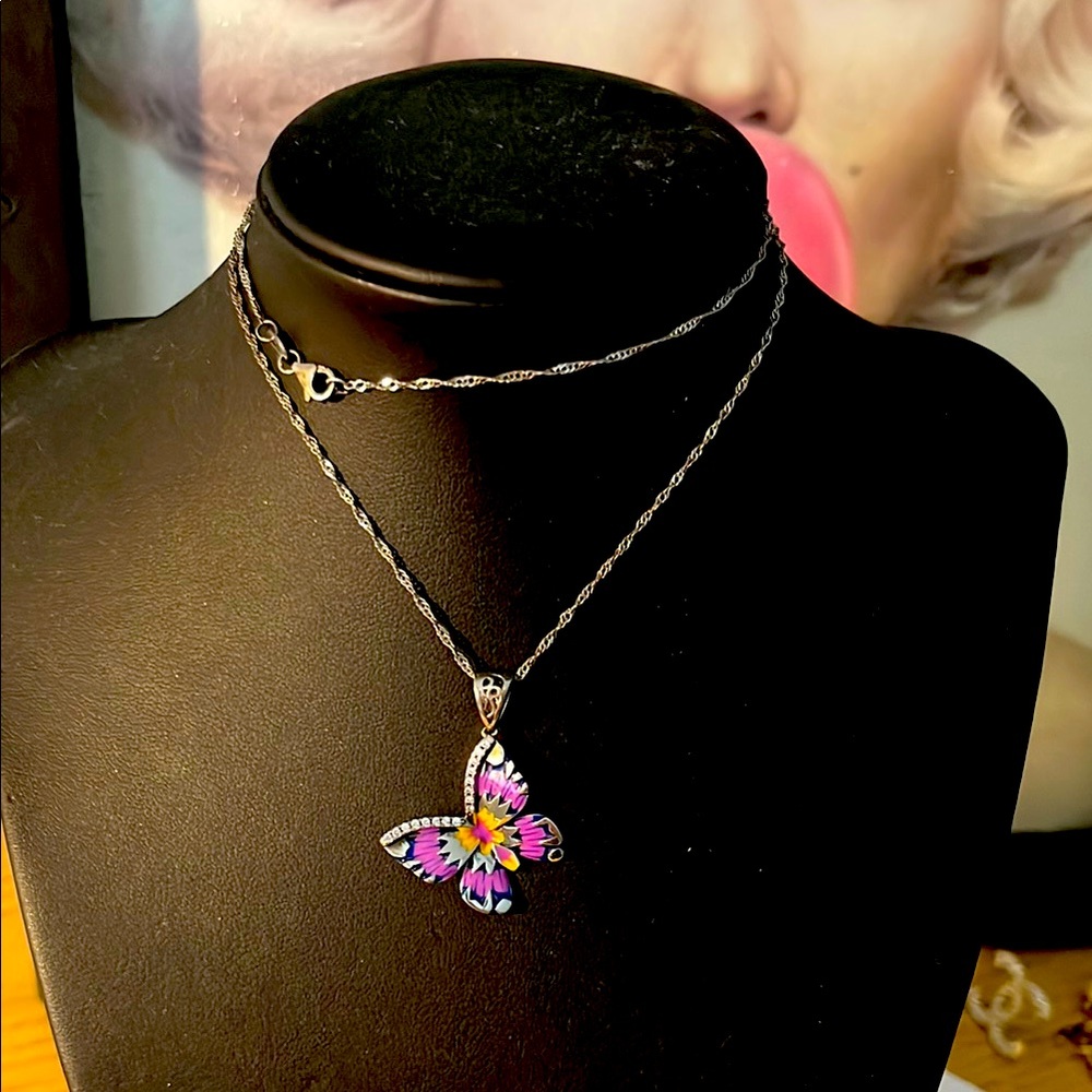 Butterfly Pendant Necklace in Pink and Silver